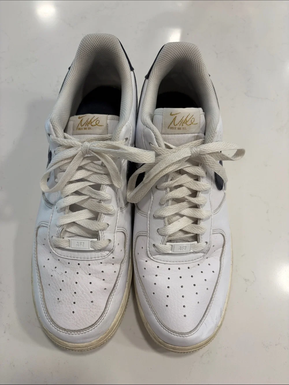 Nike White AF1  Low-Top Sneakers with Navy Swoosh